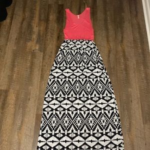 Tyche Large Coral and Black/White Geometric Maxi Dress